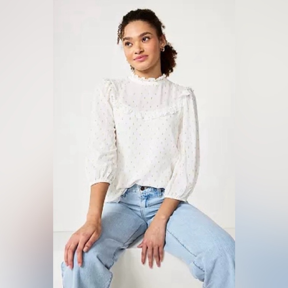 Draper James RSVP Women’s White Gold Clip Dot Mockneck Blouse Size Large Lined